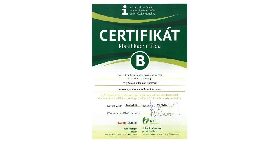 Certifikát Turistického informační centra Zámek Žďár na web